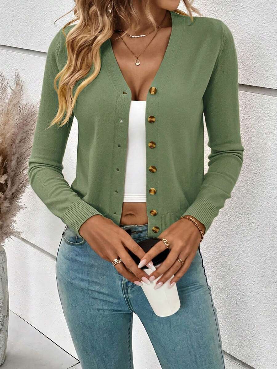 Georgiana Slim Ribbed V-Neck Button Front Knit Cardigan - Moss Green