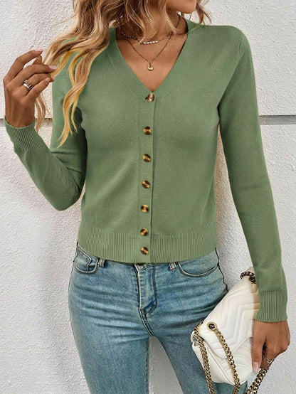 Georgiana Slim Ribbed V-Neck Button Front Knit Cardigan - Moss Green