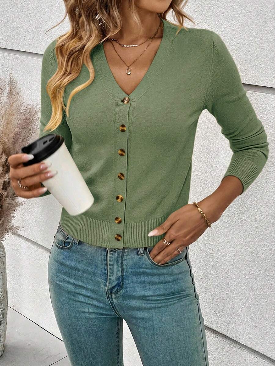 Georgiana Slim Ribbed V-Neck Button Front Knit Cardigan - Moss Green
