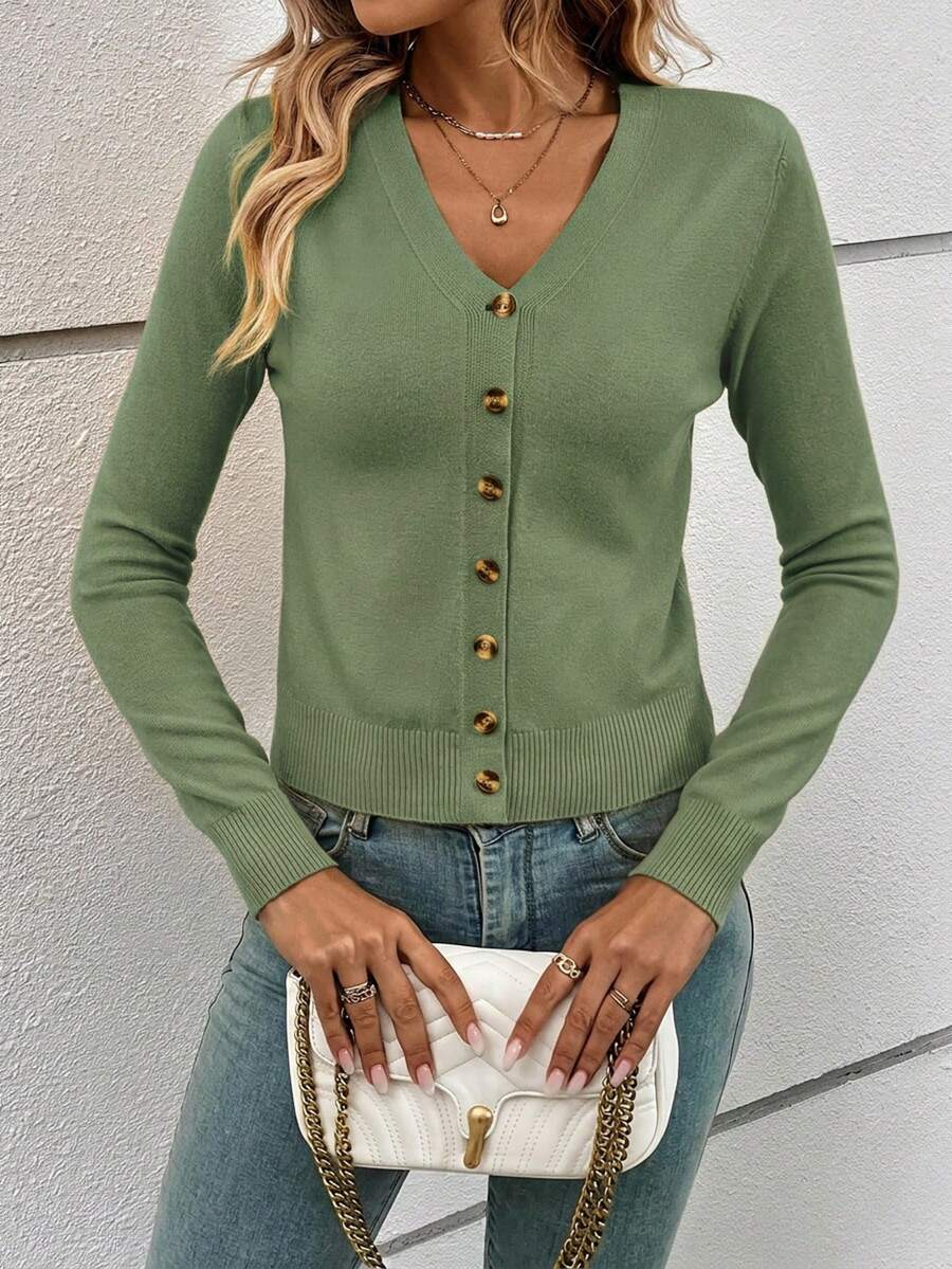 Georgiana Slim Ribbed V-Neck Button Front Knit Cardigan - Moss Green