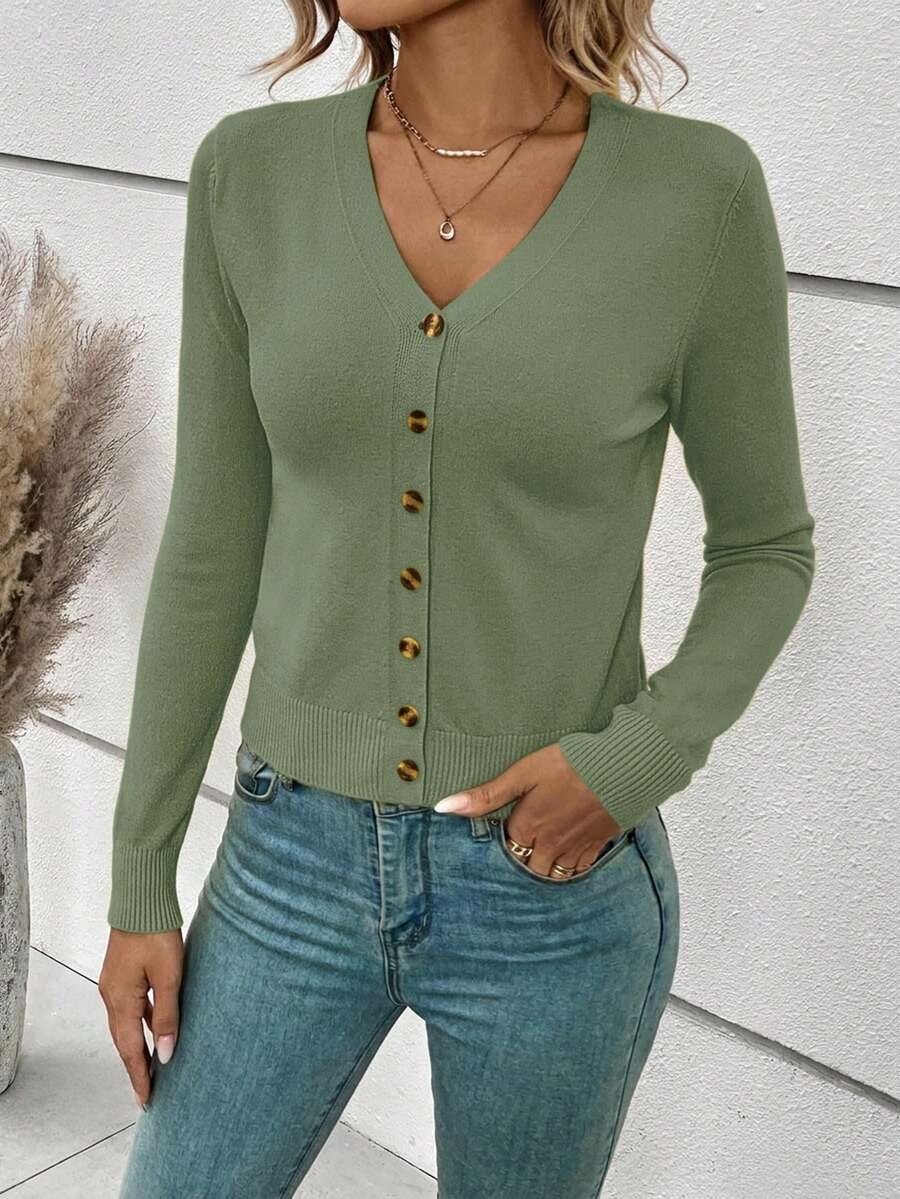 Georgiana Slim Ribbed V-Neck Button Front Knit Cardigan - Moss Green