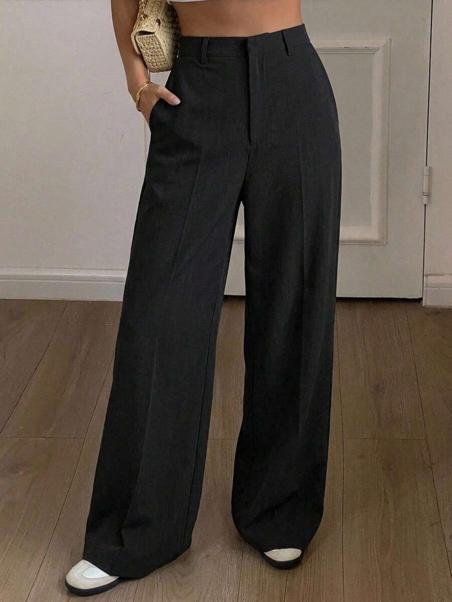 Women's Wide Leg Tailored Trousers, High Waisted Stretch Dress Pants for Work Office - Coffee Brown