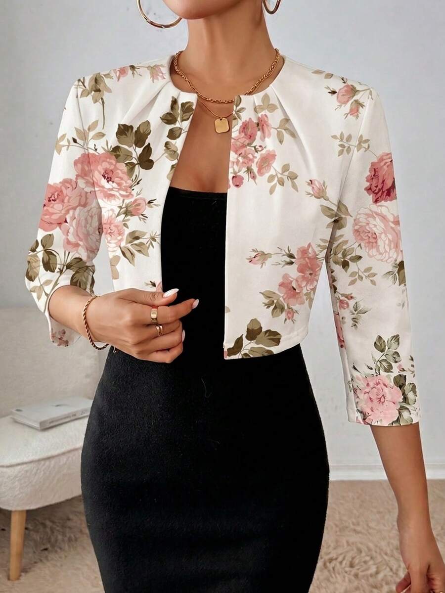 Philomena Pleated Neckline Open Front Cropped Knit Blazer - Rose Floral