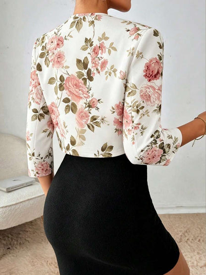 Philomena Pleated Neckline Open Front Cropped Knit Blazer - Rose Floral