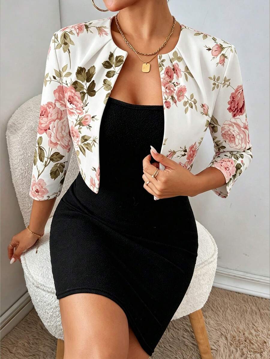 Philomena Pleated Neckline Open Front Cropped Knit Blazer - Rose Floral