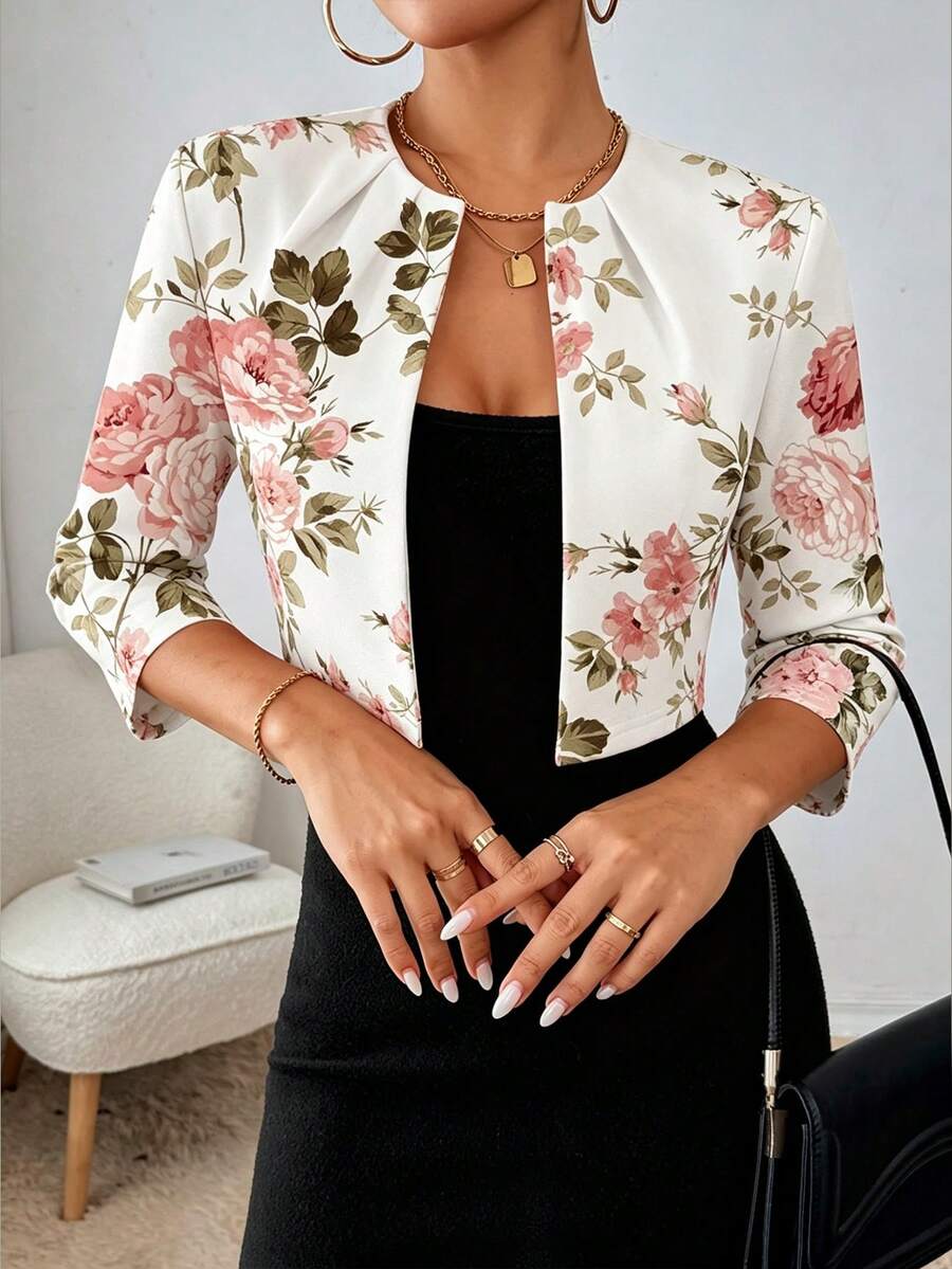 Philomena Pleated Neckline Open Front Cropped Knit Blazer - Rose Floral