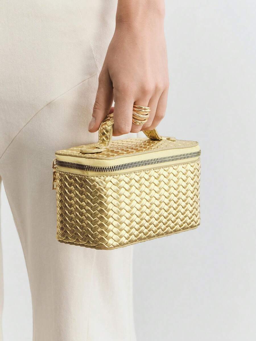 Menton Structured Vanity Top Handle Box Bag - Gold Woven