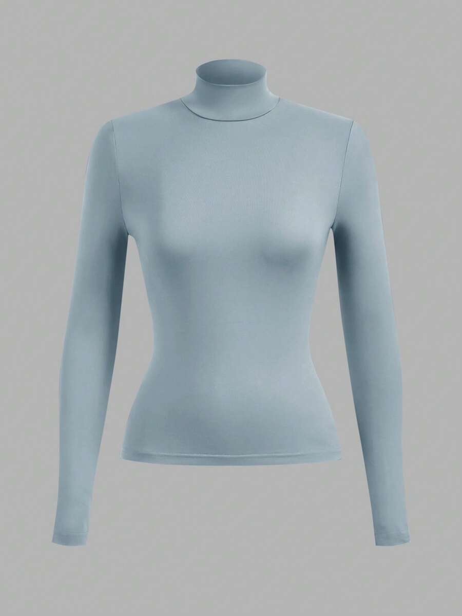 Aberdeen Fleece Lined Thermal Mock Neck Fitted Top - Blue