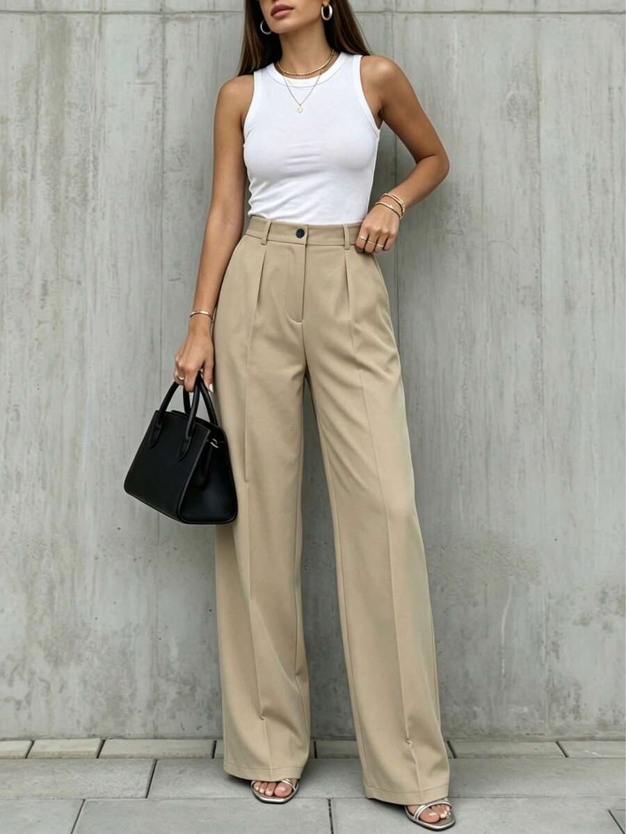 Simone High-Waist Pleated Wide-Leg Trousers with Pockets - Khaki