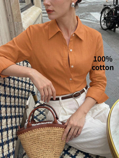 Arabella Classic Collared Button Down Long Sleeve Cotton Shirt - Orange