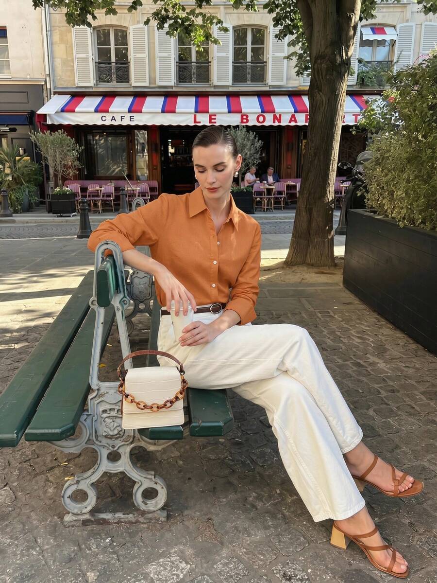 Arabella Classic Collared Button Down Long Sleeve Cotton Shirt - Orange
