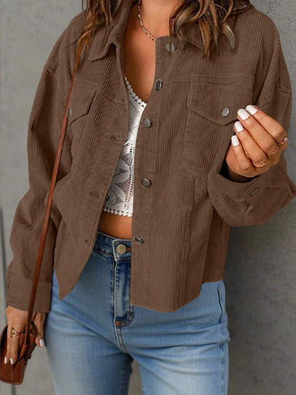 Montreux Corduroy Cropped Button Front Shacket Jacket - Brown