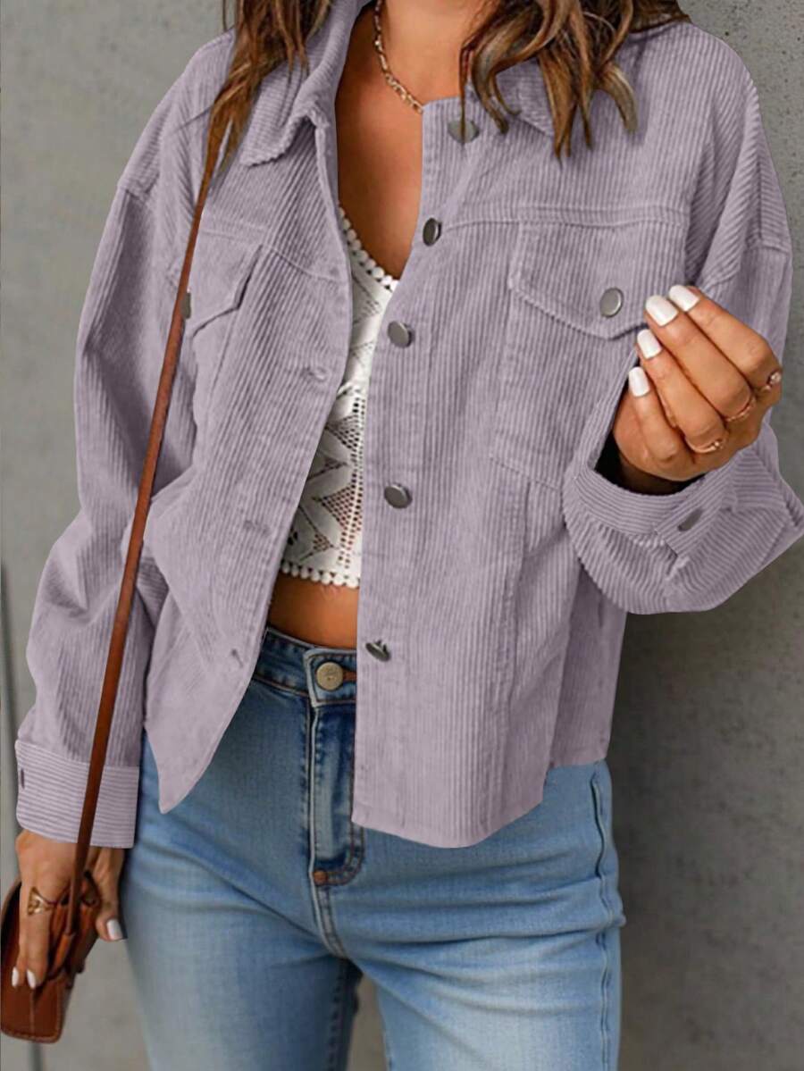 Montreux Corduroy Cropped Button Front Shacket Jacket - Lavender