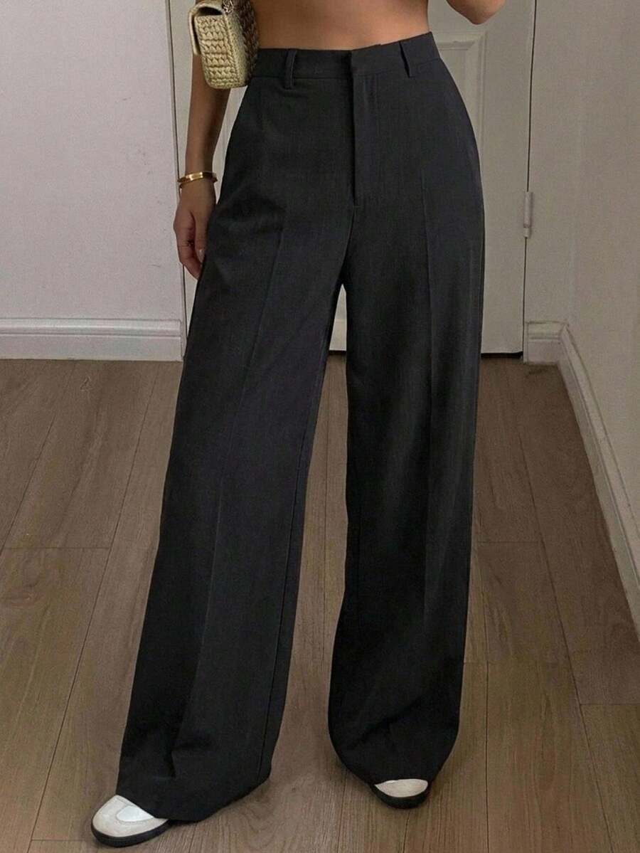 Women's Wide Leg Tailored Trousers, High Waisted Stretch Dress Pants for Work Office - Navy Blue