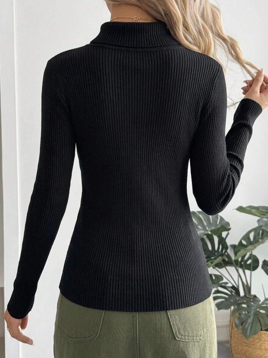 Tamsin Fitted Ribbed Turtleneck Sweater Long Sleeve Pullover - Black