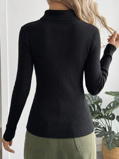 Tamsin Fitted Ribbed Turtleneck Sweater Long Sleeve Pullover - Black