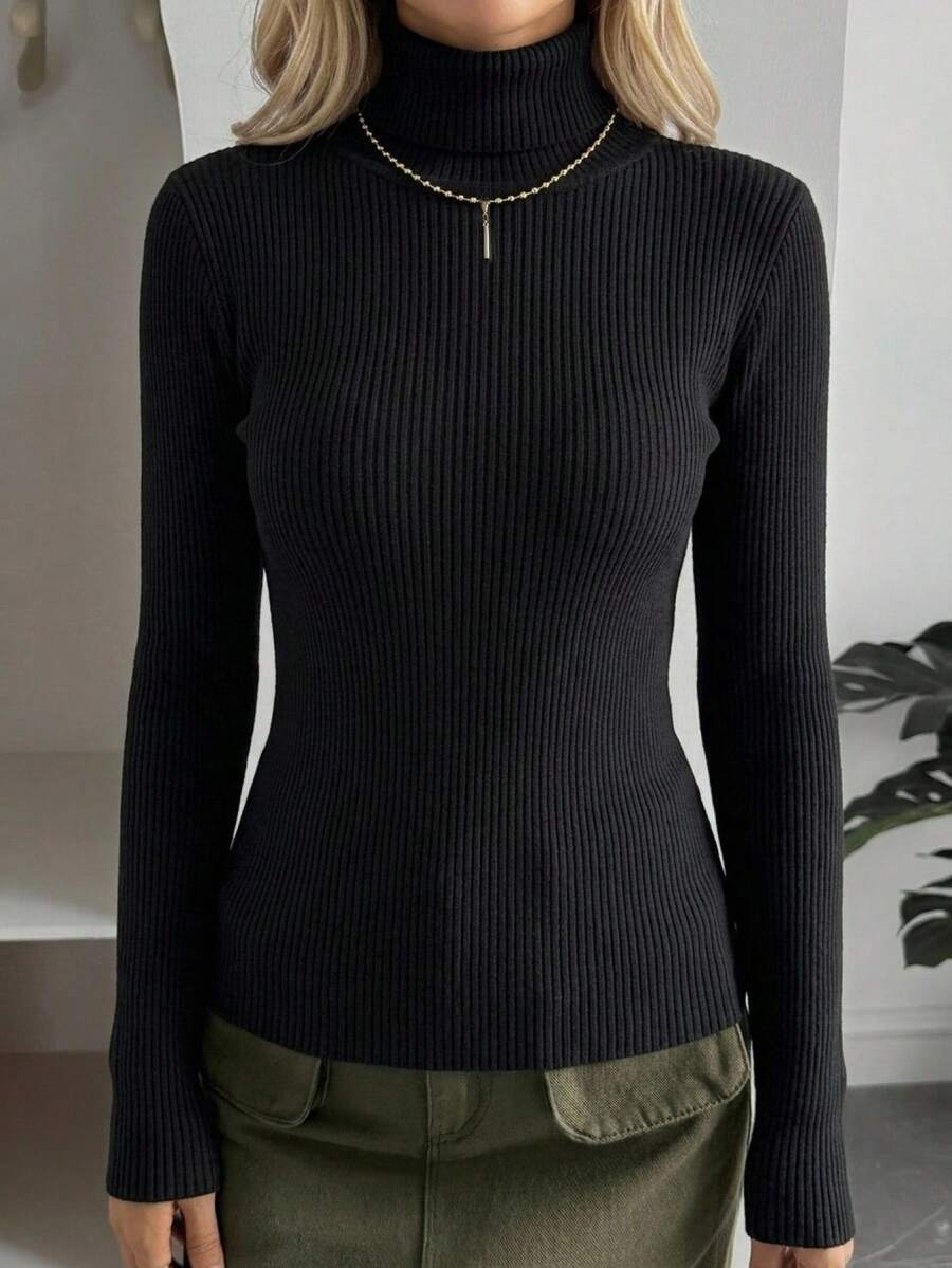 Tamsin Fitted Ribbed Turtleneck Sweater Long Sleeve Pullover - Black