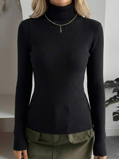 Tamsin Fitted Ribbed Turtleneck Sweater Long Sleeve Pullover - Black