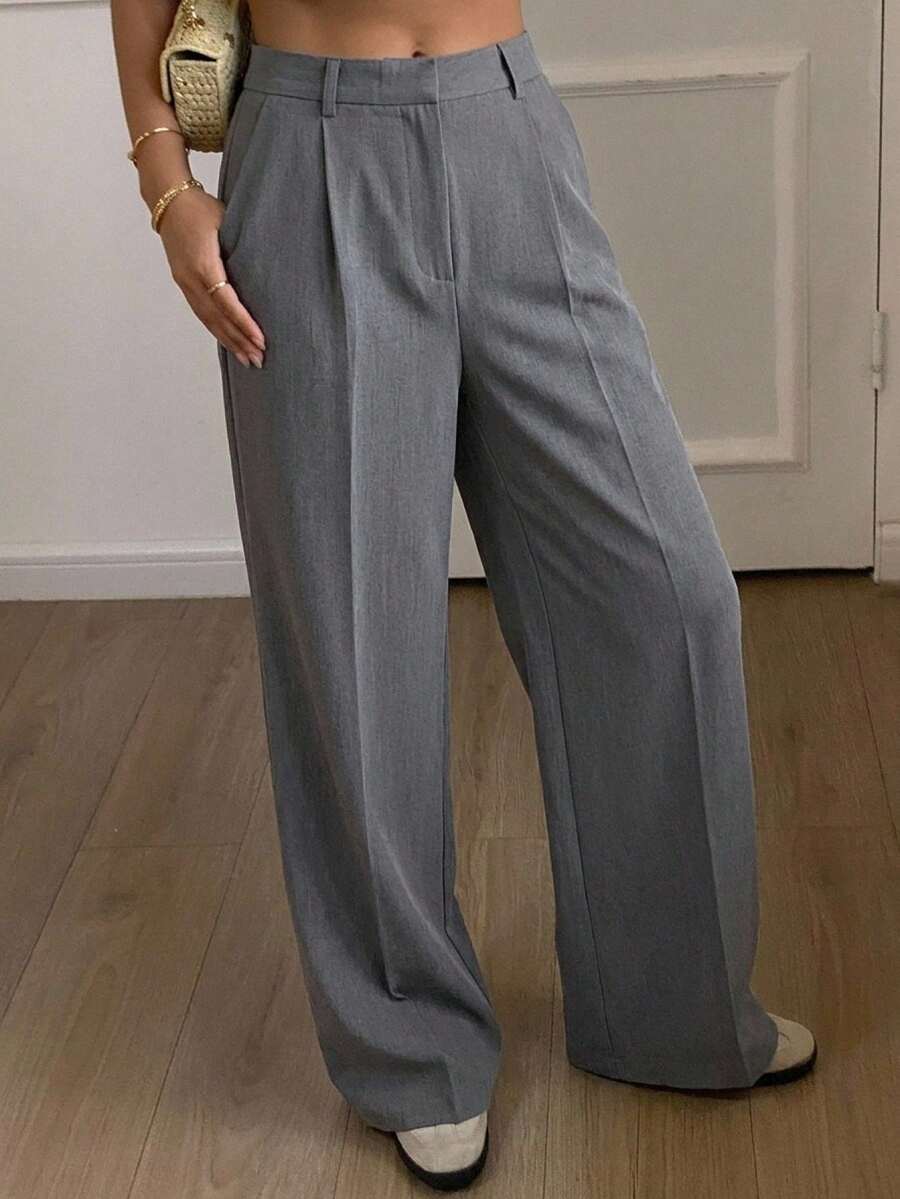 Women's Wide Leg Tailored Trousers, High Waisted Stretch Dress Pants for Work Office - Grey