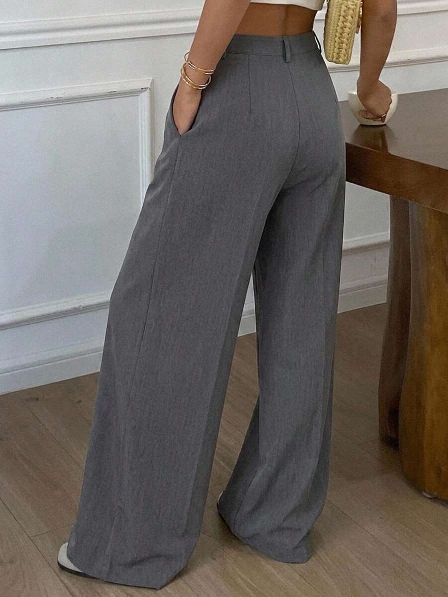 Women's Wide Leg Tailored Trousers, High Waisted Stretch Dress Pants for Work Office - Light Grey