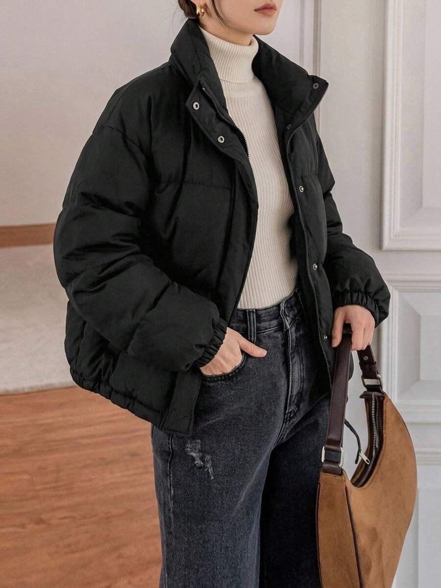 Blanche Boxy Cropped Puffer Jacket with Stand Collar and Zip - Black