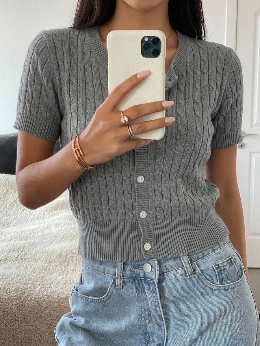 Women's Fitted V-Neck Button Front Cardigan, Twist Knit Sweater for Work and Fall - Khaki