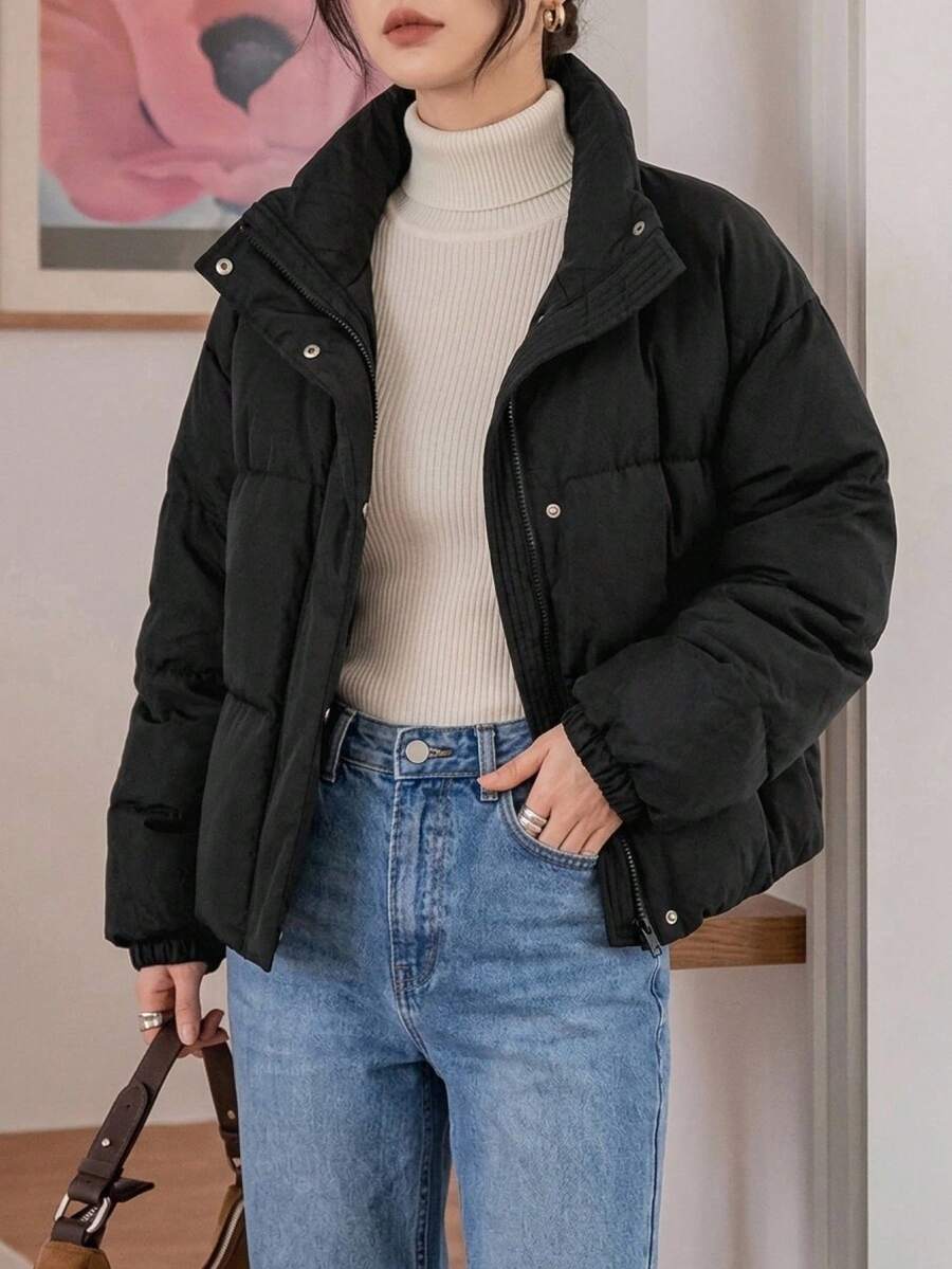 Blanche Boxy Cropped Puffer Jacket with Stand Collar and Zip - Black