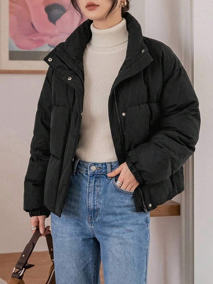 Blanche Boxy Cropped Puffer Jacket with Stand Collar and Zip - Black