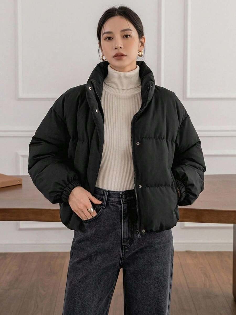 Blanche Boxy Cropped Puffer Jacket with Stand Collar and Zip - Black