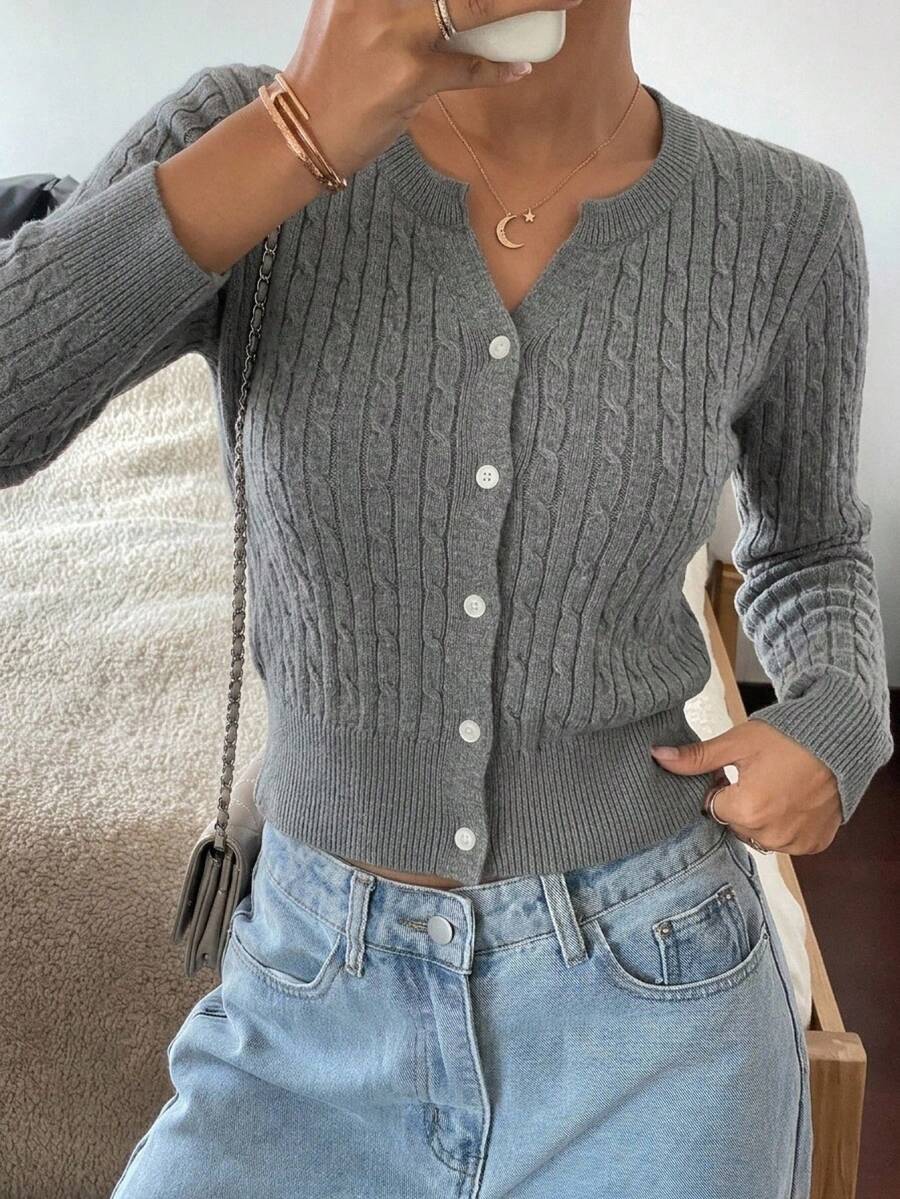 Women's Fitted V-Neck Button Front Cardigan, Twist Knit Sweater for Work and Fall - Purple