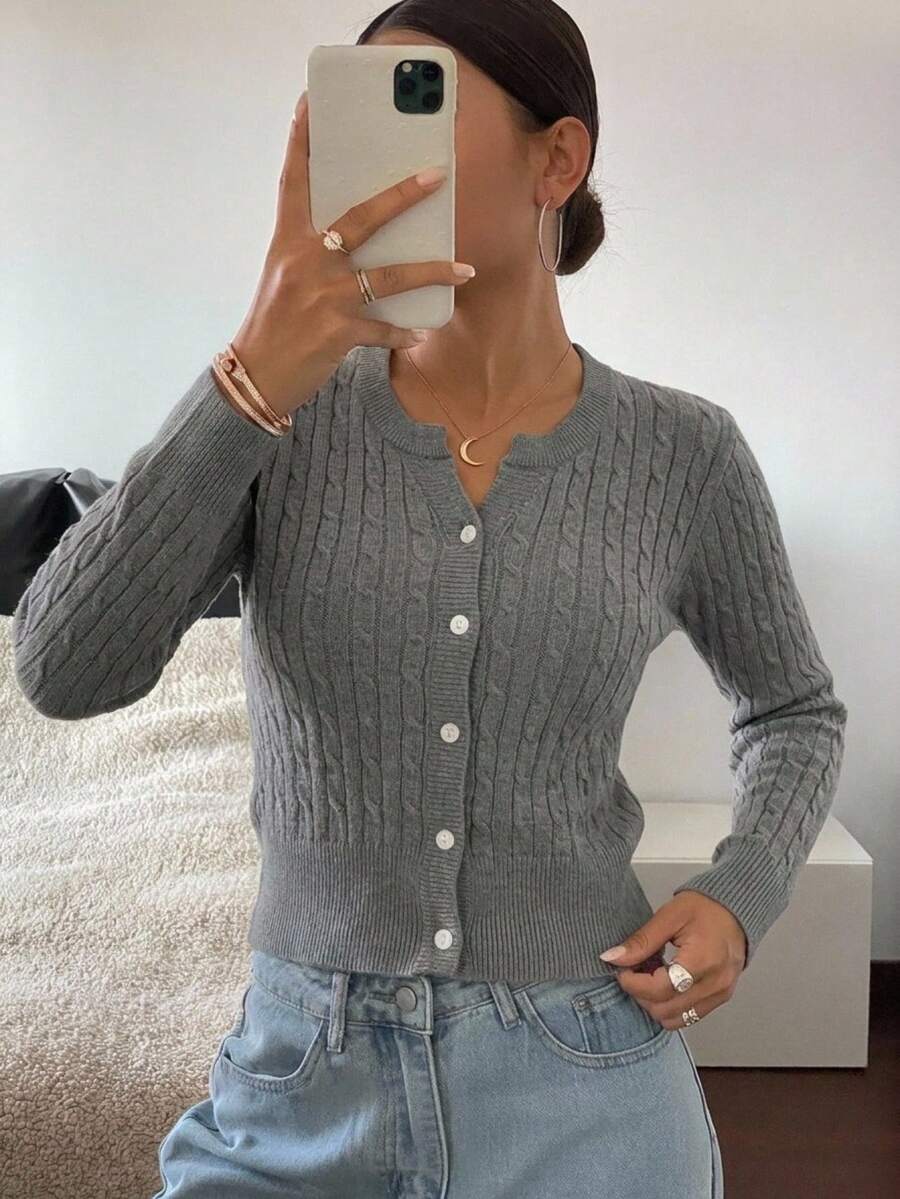 Women's Fitted V-Neck Button Front Cardigan, Twist Knit Sweater for Work and Fall - White