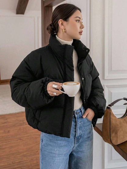 Blanche Boxy Cropped Puffer Jacket with Stand Collar and Zip - Black