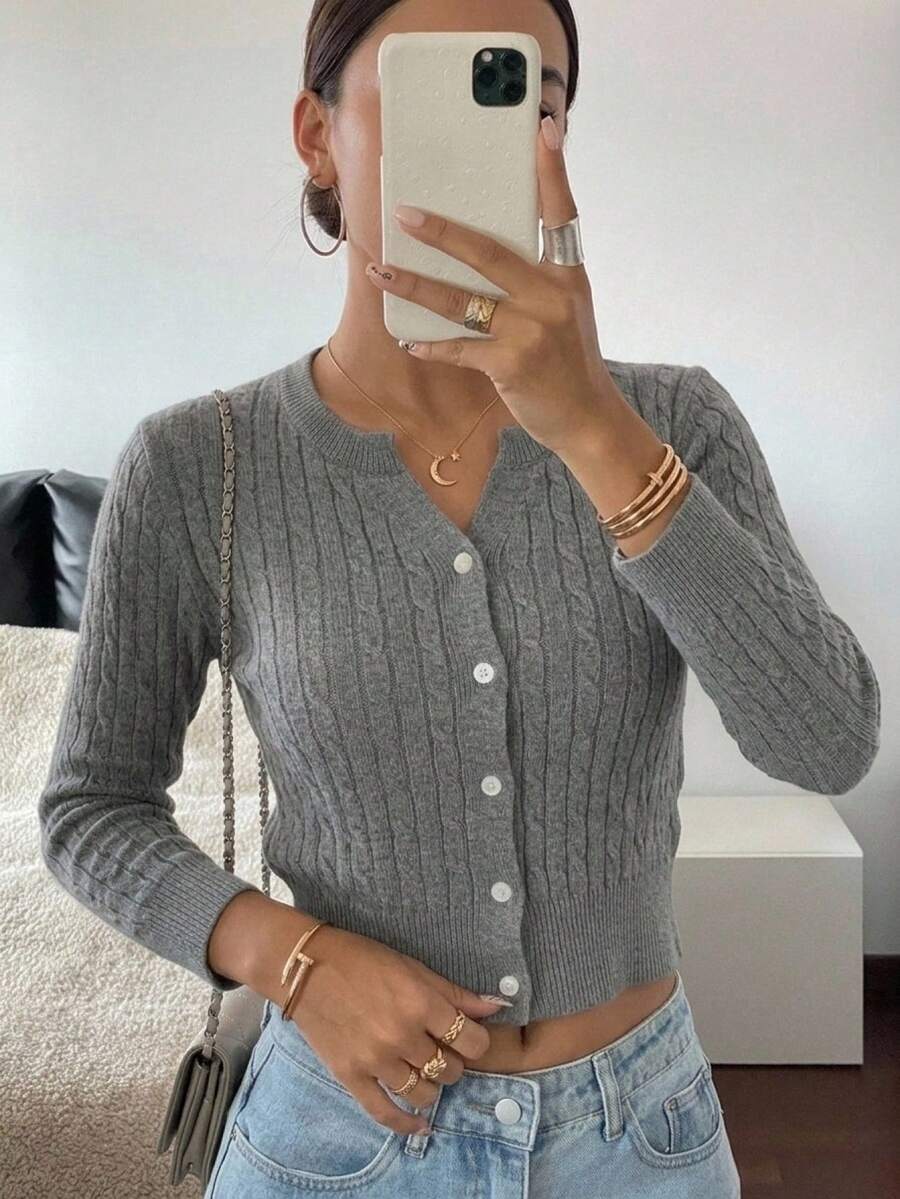 Women's Fitted V-Neck Button Front Cardigan, Twist Knit Sweater for Work and Fall - Black