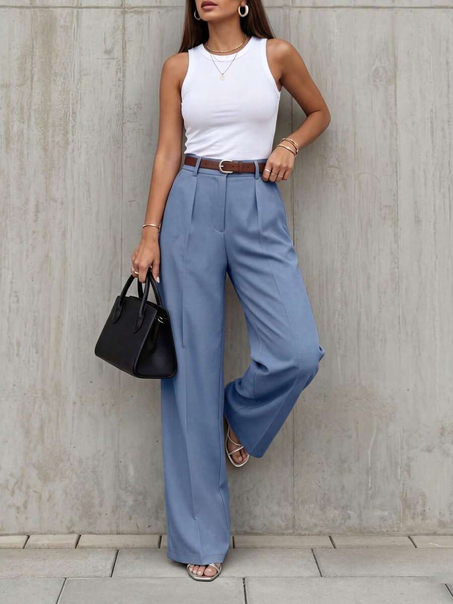 Simone High-Waist Pleated Wide-Leg Trousers with Pockets - Baby Blue
