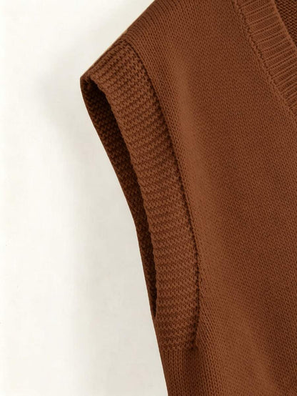 Marisa Fine Knit V-Neck Sleeveless Sweater Vest - Khaki