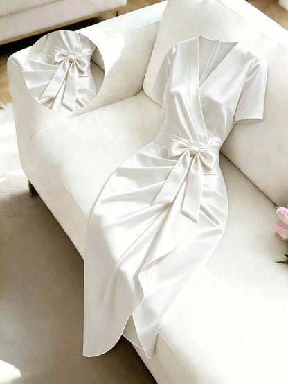 Women's Satin Wrap V-Neck Midi Dress, Silky Dress for Wedding Guest and Evening - Burgundy