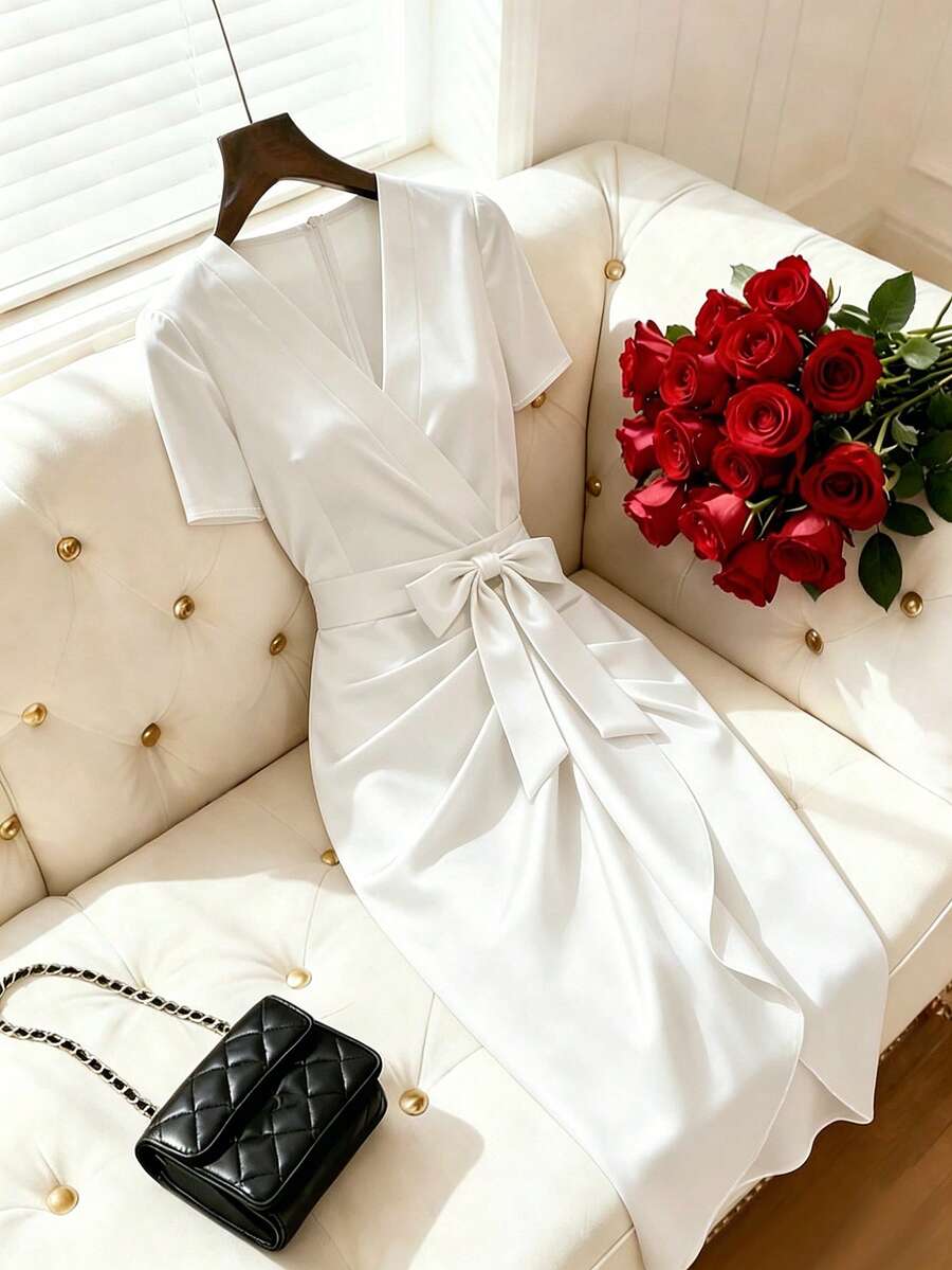 Women's Satin Wrap V-Neck Midi Dress, Silky Dress for Wedding Guest and Evening - Burgundy