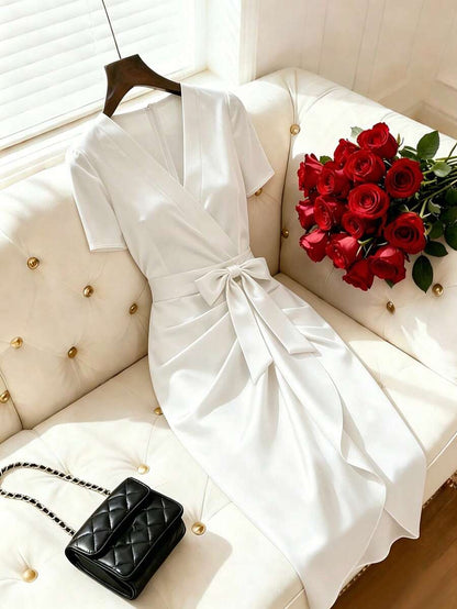 Women's Satin Wrap V-Neck Midi Dress, Silky Dress for Wedding Guest and Evening - Burgundy