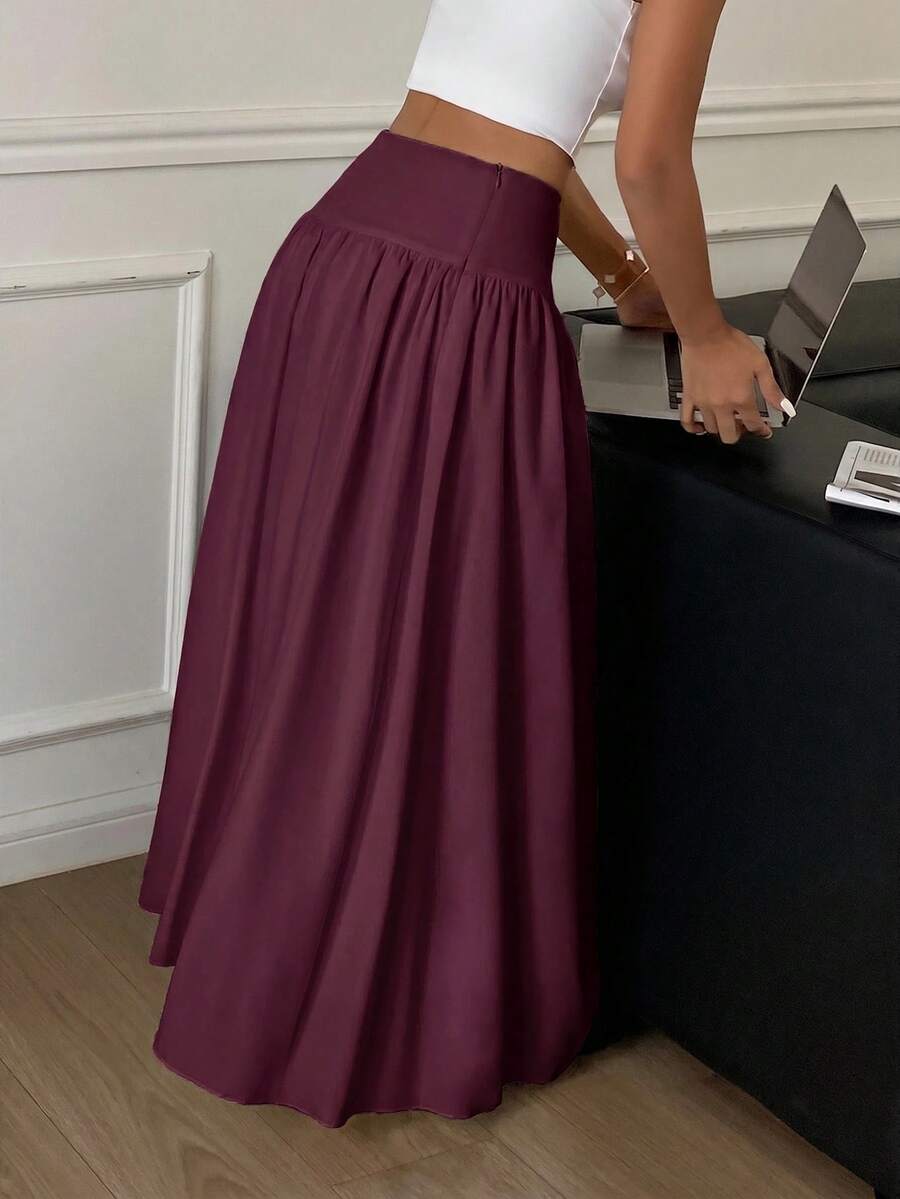 Cressida High Waist Wide Waistband Pleated Maxi Skirt - Burgundy