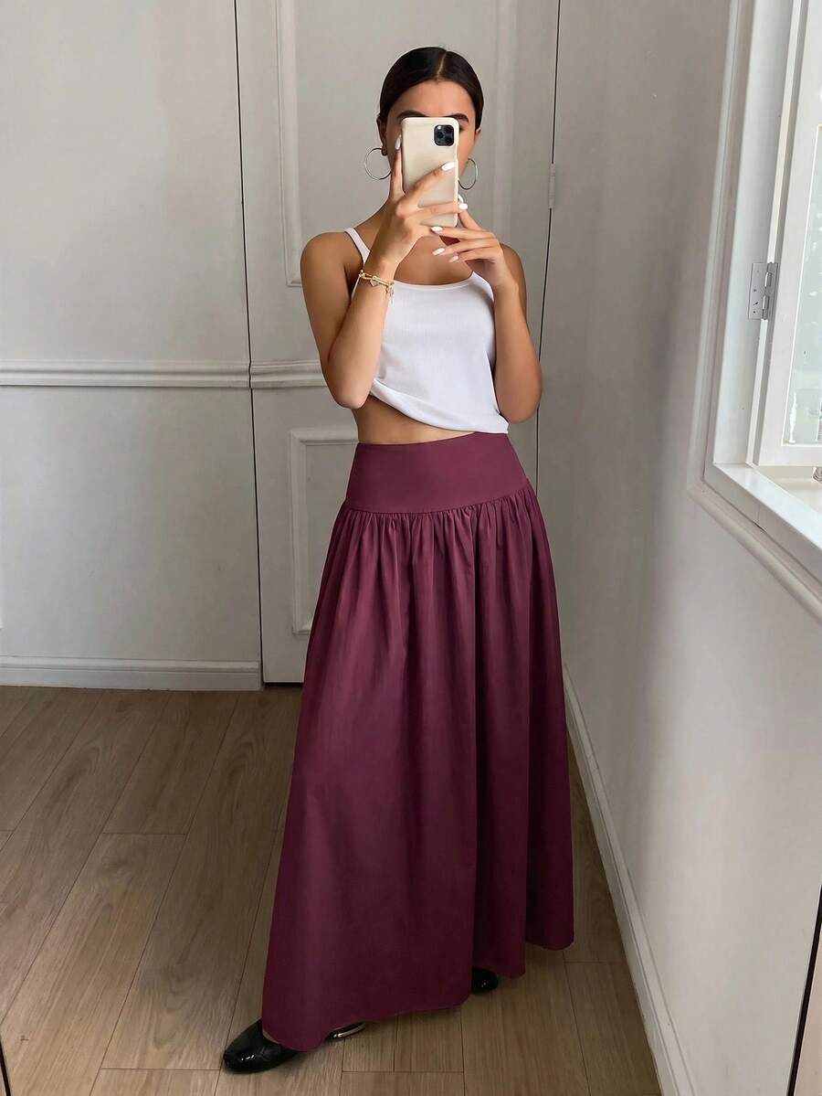 Cressida High Waist Wide Waistband Pleated Maxi Skirt - Burgundy
