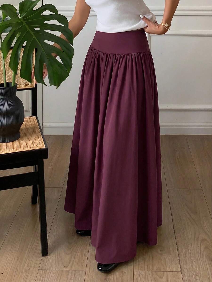 Cressida High Waist Wide Waistband Pleated Maxi Skirt - Burgundy