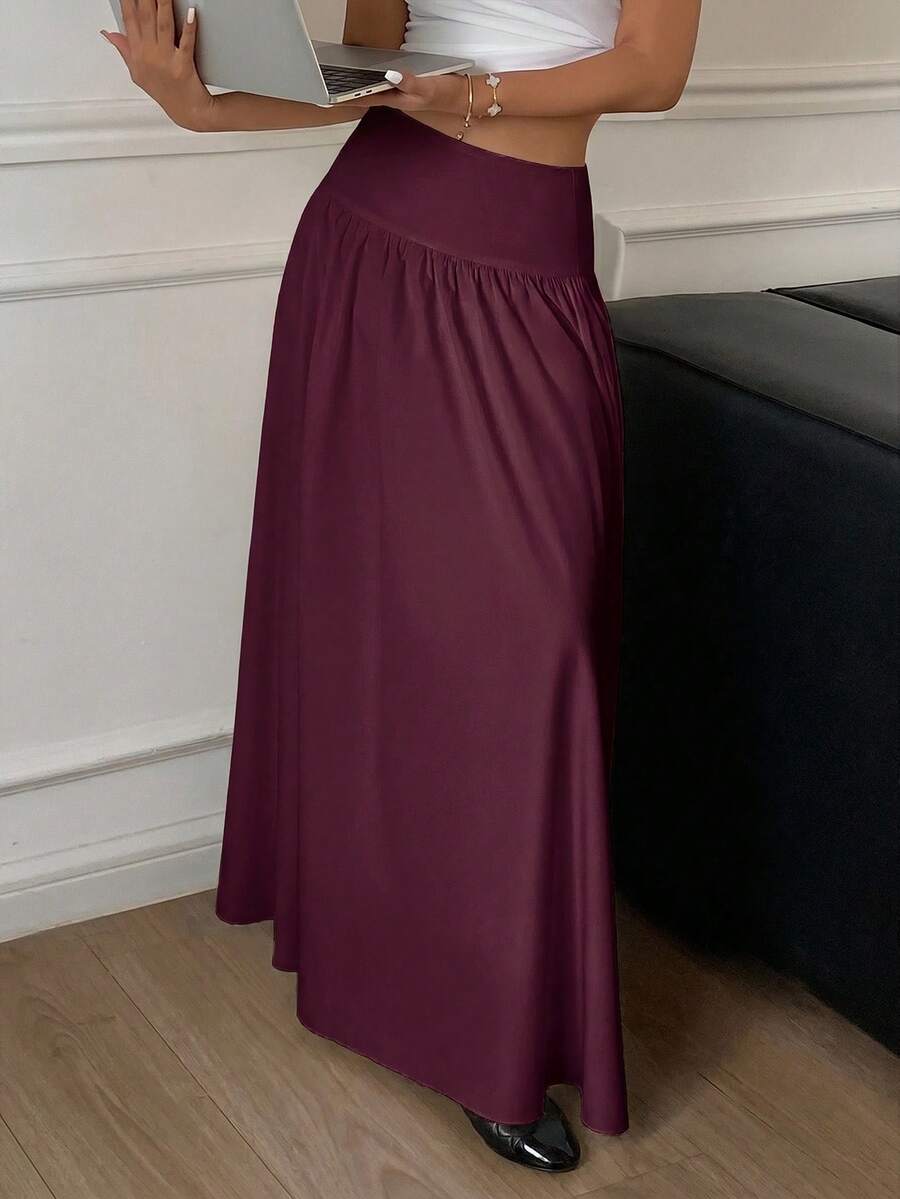 Cressida High Waist Wide Waistband Pleated Maxi Skirt - Burgundy