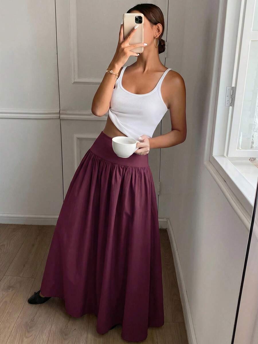 Cressida High Waist Wide Waistband Pleated Maxi Skirt - Burgundy