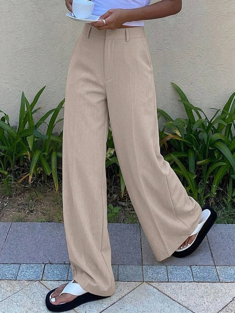 Women's Wide Leg Tailored Trousers, High Waisted Stretch Dress Pants for Work Office - Apricot