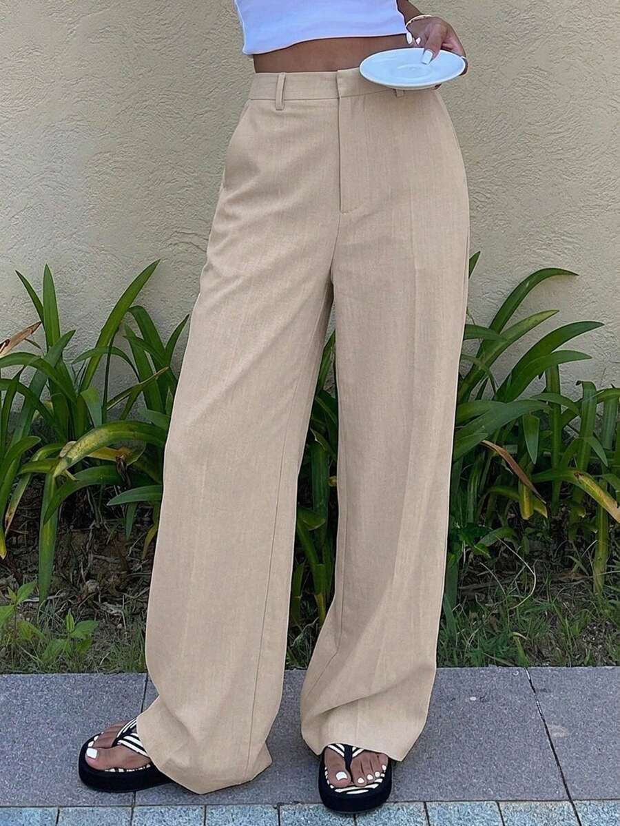 Women's Wide Leg Tailored Trousers, High Waisted Stretch Dress Pants for Work Office - Light Grey
