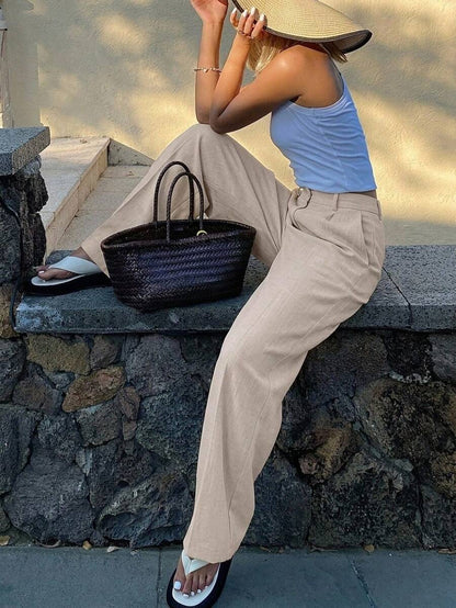 Women's Wide Leg Tailored Trousers, High Waisted Stretch Dress Pants for Work Office - Coffee Brown