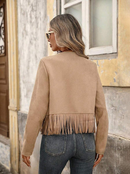 Evangeline Fringe Trim Open Front Crop Jacket - Dusty Mauve