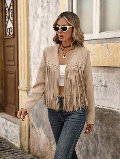 Evangeline Fringe Trim Open Front Crop Jacket - Khaki