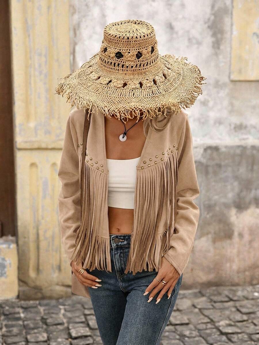 Evangeline Fringe Trim Open Front Crop Jacket - Pink