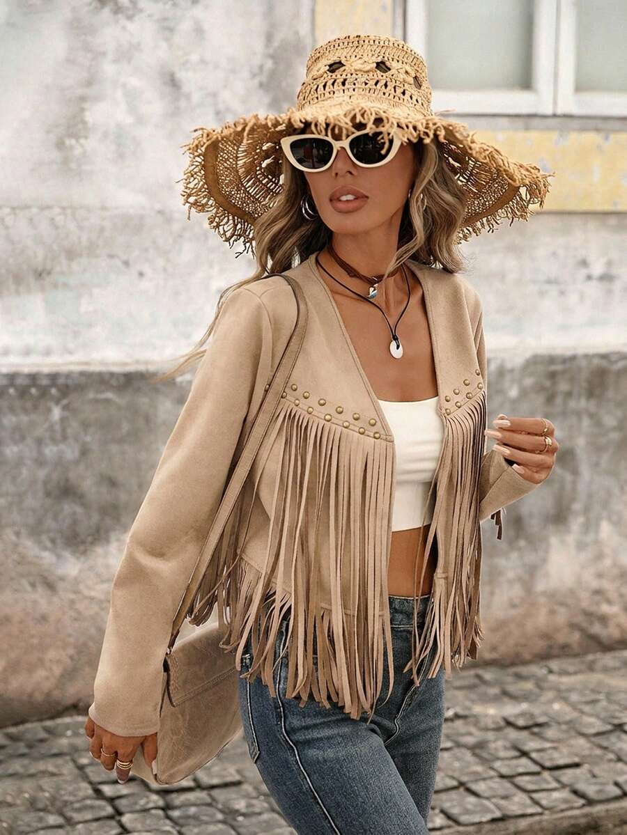 Evangeline Fringe Trim Open Front Crop Jacket - Blue